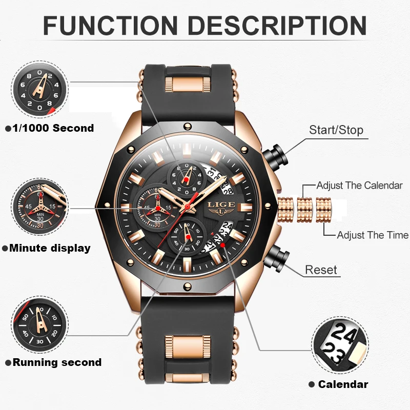 LIGE Business Silicone Watch For Men Fashion Military Sport Waterproof Men's Quartz Wristwatches Top Brand Luxury Big Watch Men