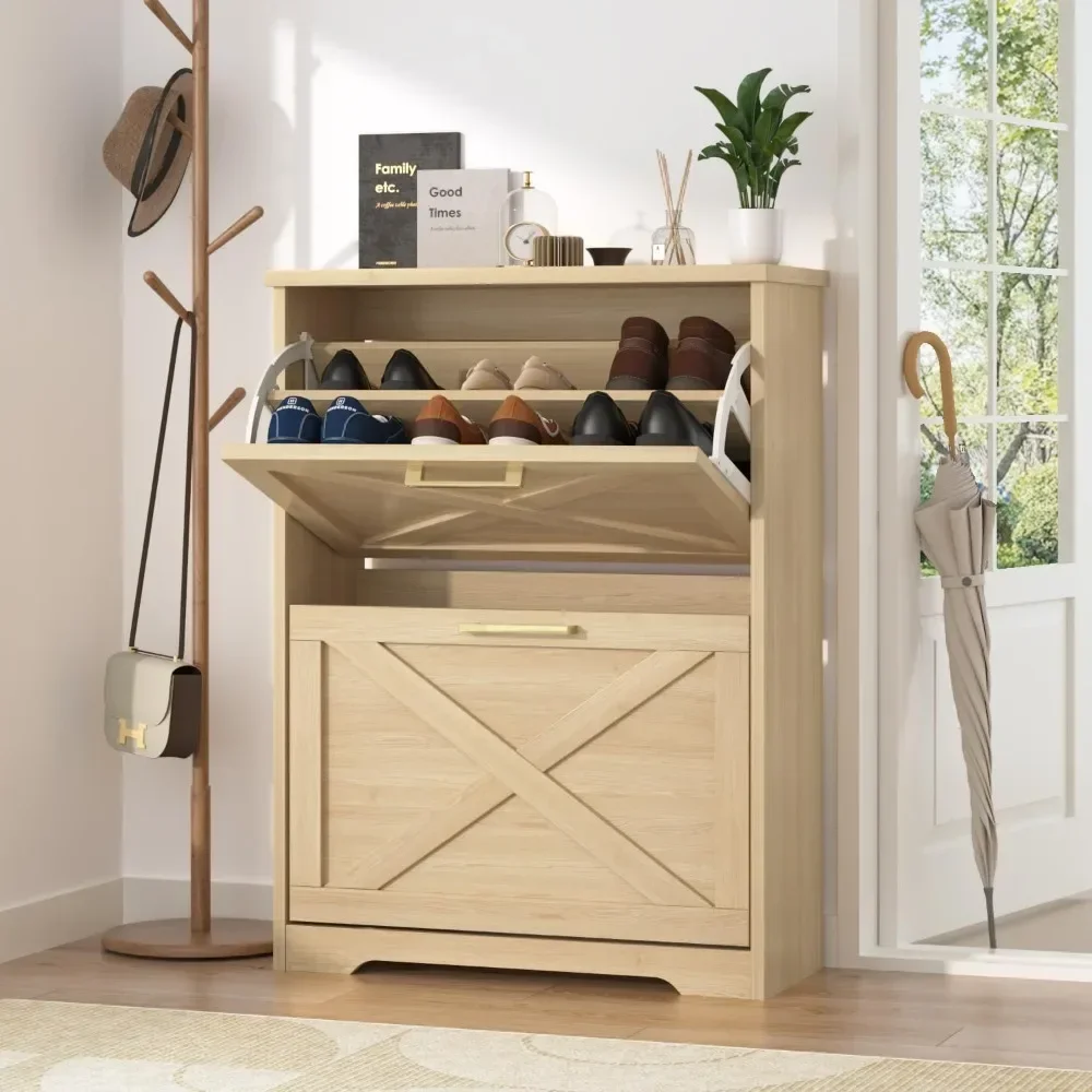 Shoe Organizer with 2 Flip Drawers, 2 Tier Freestanding, Slim Narrow Shoe Cabinet for Entryway 2