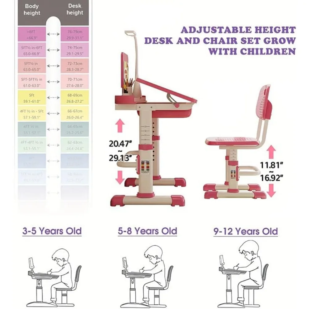Kids Desk and Chair Set, Height Adjustable Children Bedroom Study Desk with Tilt Desktop, Can Directly for Drawing, Book Stand 3