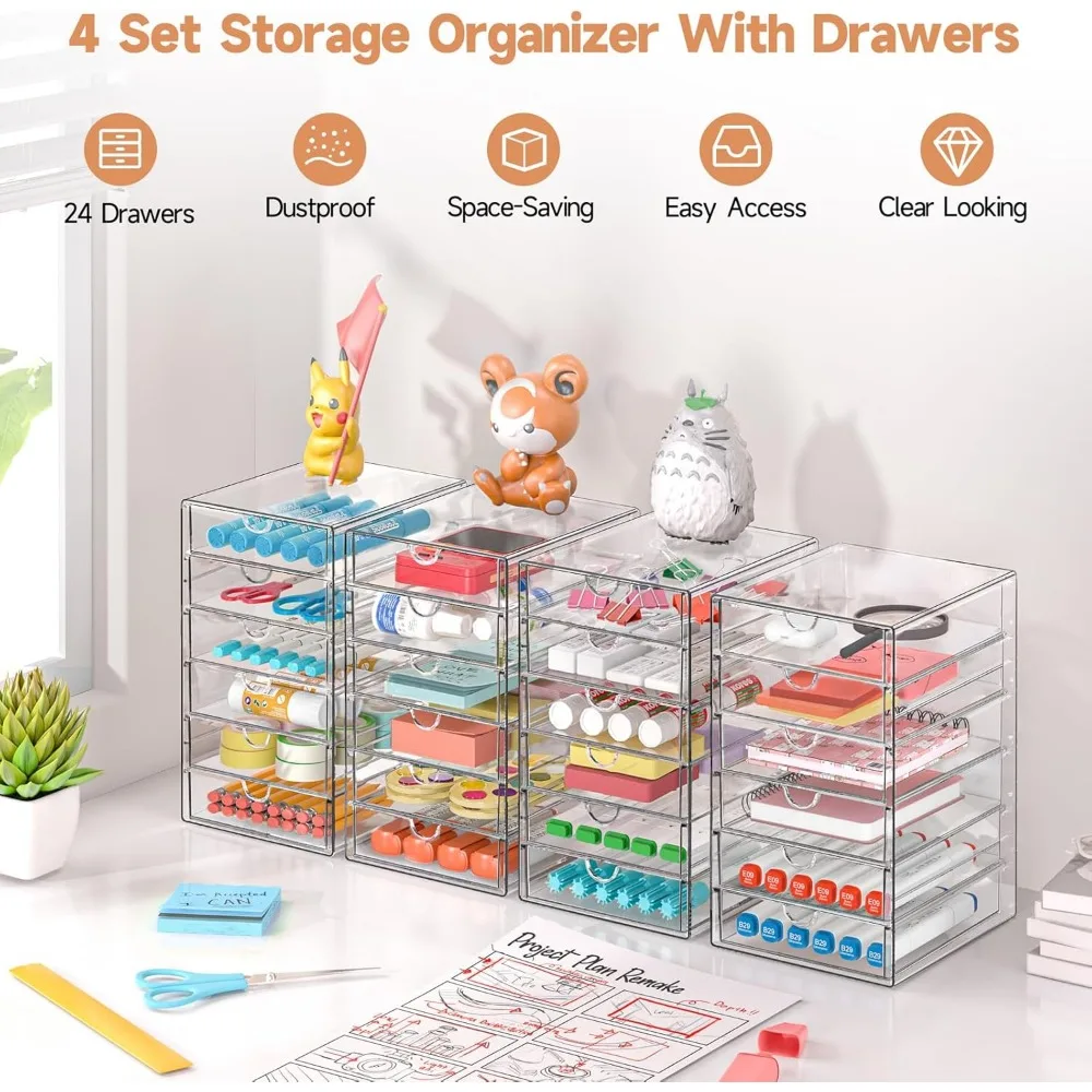 Makeup Drawer Storage Organizer with 24 Drawers, 4 Set Acrylic Office Desk Organization and Storage 6