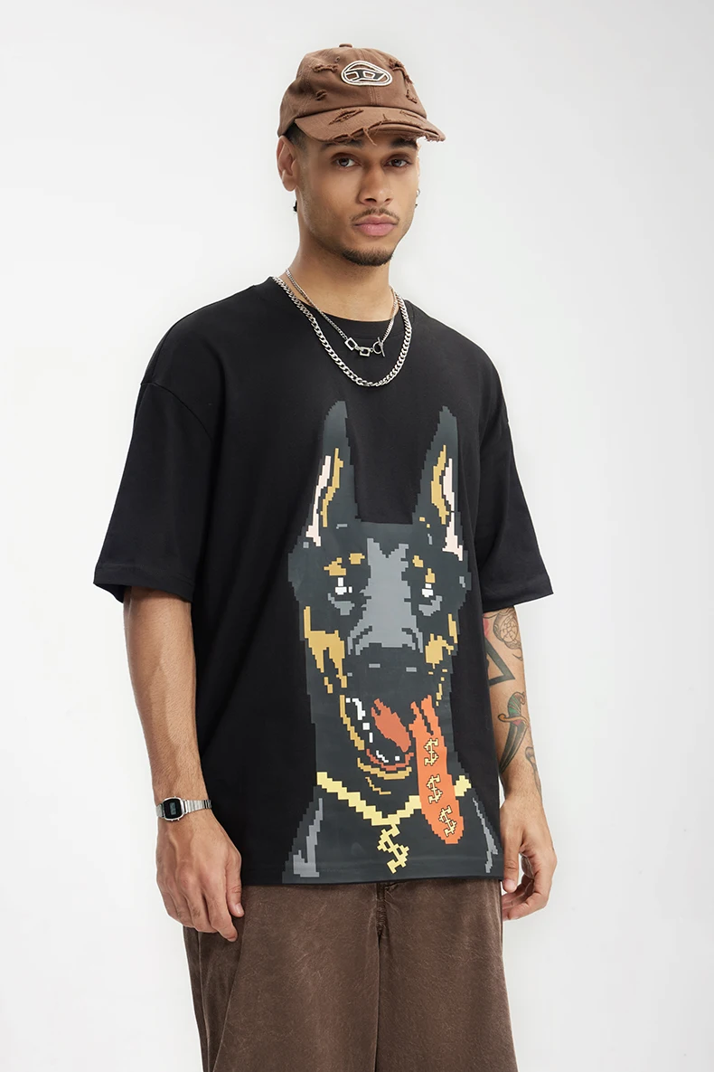 INFLATION Glow-in-the-Dark Doberman Print T-Shirt American Streetwear Loose Fit 100% Cotton Short Sleeve for Men