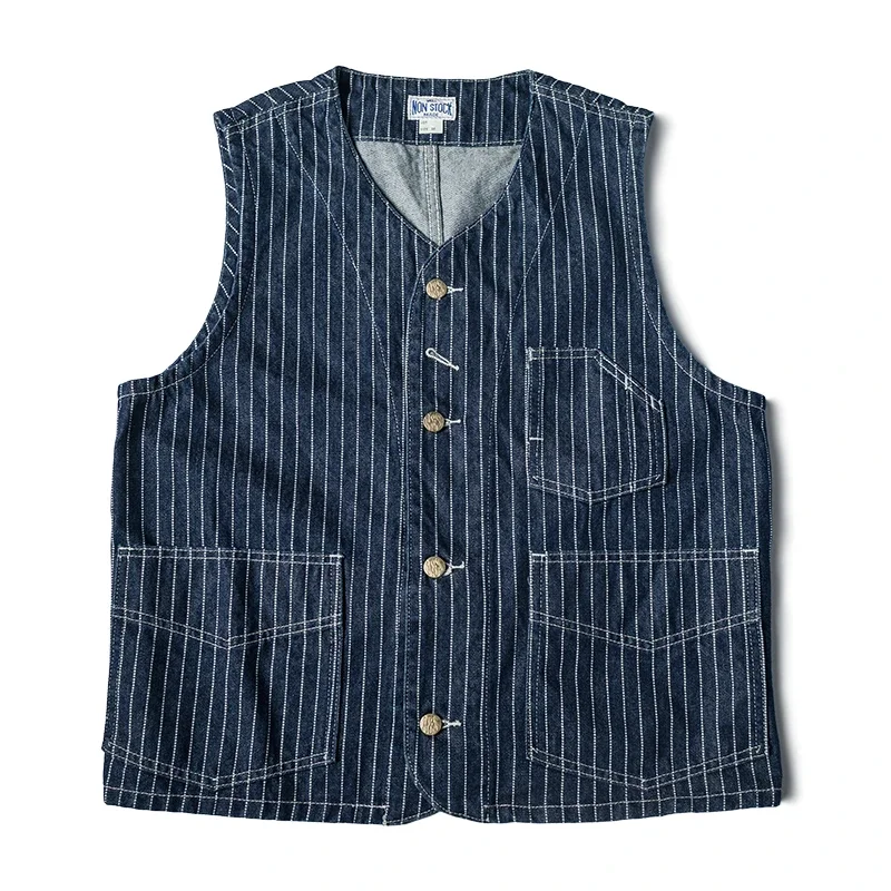 Non Stock 1930s Three-Pocket Wabash Work Vest Retro Men's Striped Sleeveless Jacket 5