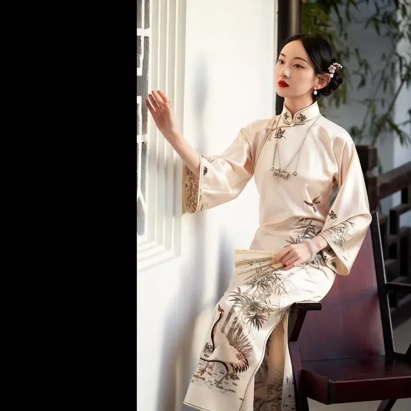 

Elegant Republican Style Satin Crane Bamboo Printed Long Cheongsam Qipao Women Vintage Party Dresses Mother's Birthday Gifts