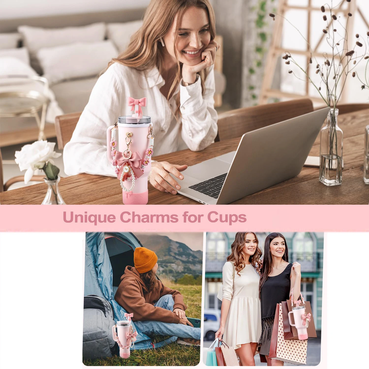 Description Picture 2 of item6pcs Accessories Set for Stanley Tumbler Cup Water Bottle Handle Strap Bow Siliocne Boot Straw Cover Cap Pearl Charms Heart Hook