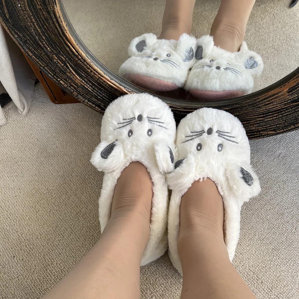 

House Slipper Women Winter Non Skid Grip Indoor Fur Contton Warm Plush Fluffy Lazy Female Mouse Ears Home Fuzzy Flat Shoes 2024