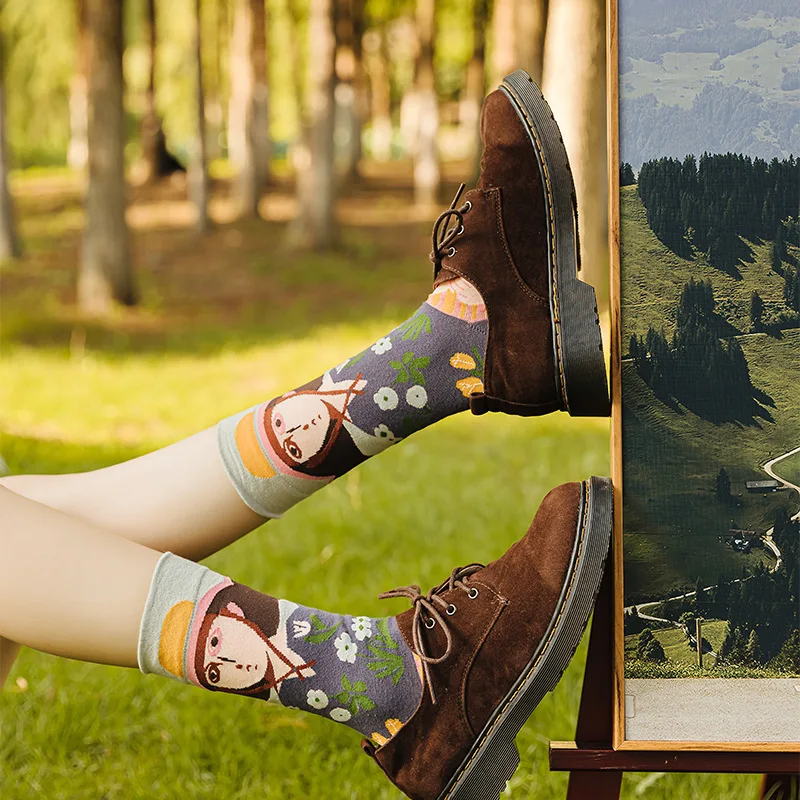 

Triangele Cat 4pcs 2024 Art Series Kawaii Cute Lolita Van Gogh Print Women Socks Set Gift Box Cotton Middle Tube Socks