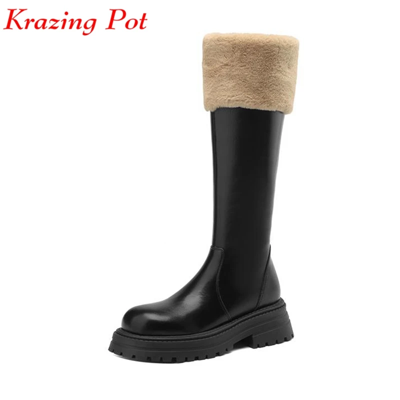 

Krazing Pot Cow Leather Rabbit Fur Round Toe Winter Keep Warm Riding Boots Thick Med Heels Zipper Luxury Style Thigh High Boots