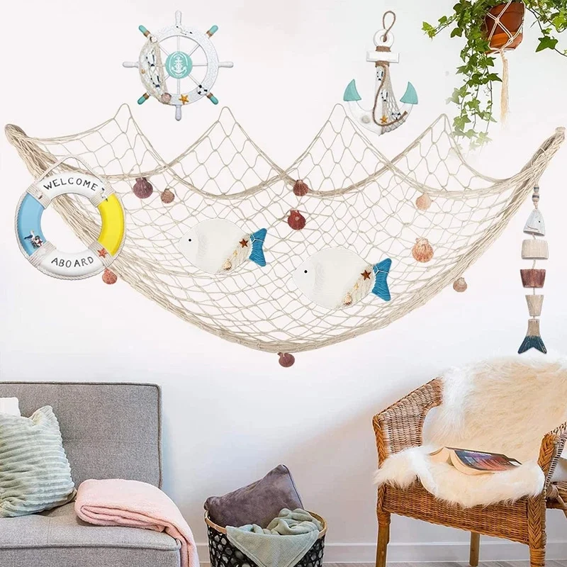 Mediterranean Fishing Net Nautical Home Decor Seashell Anchor Decor Sea  Decoration Photo Props Big Fishing Net Shell Wall Art