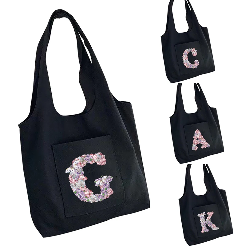 

Foldable Tote Bag Reusable Shoulder Shopping Bags Women Handbags Organizer Books Pouch Rose Flower Letter Portable Travel Pack
