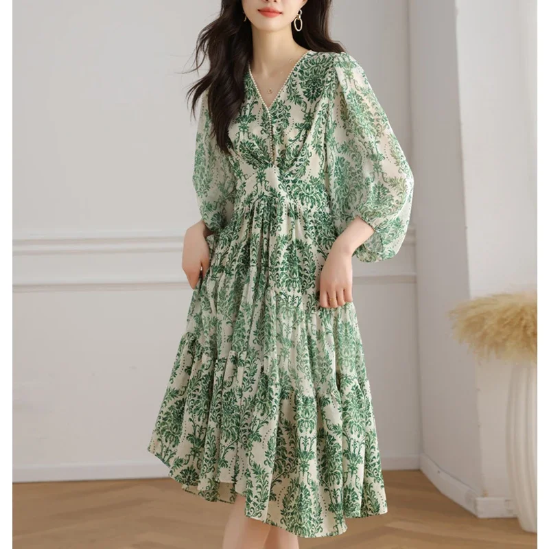 

Женское платье средней длины с оборками, элегантное Свободное платье с высокой талией, V-образным вырезом и рукавом 2024, расшитое бисером, модный принт, лето 3/4