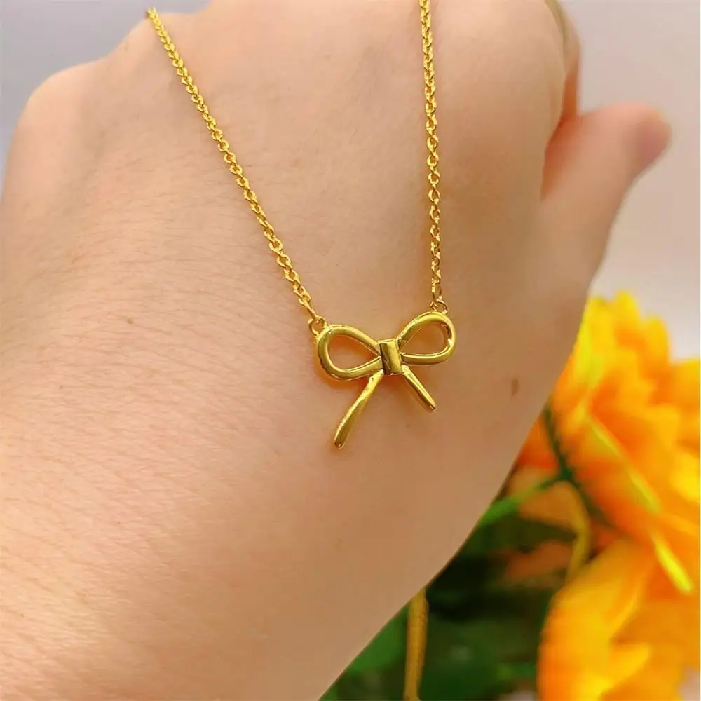 18K Gold Plated Texture Twist Heart Chunky Hollow PVD Oval Pendant Necklace Sweet Cute Bowknot Zircon Snake Chain Choker Bijoux