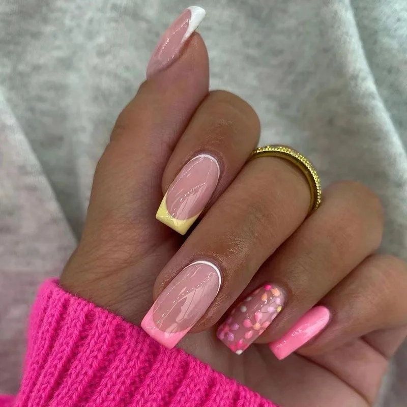 

3D fake nails accessories short nude french square tips with Spring summer flower design faux ongles press on false acrylic nail