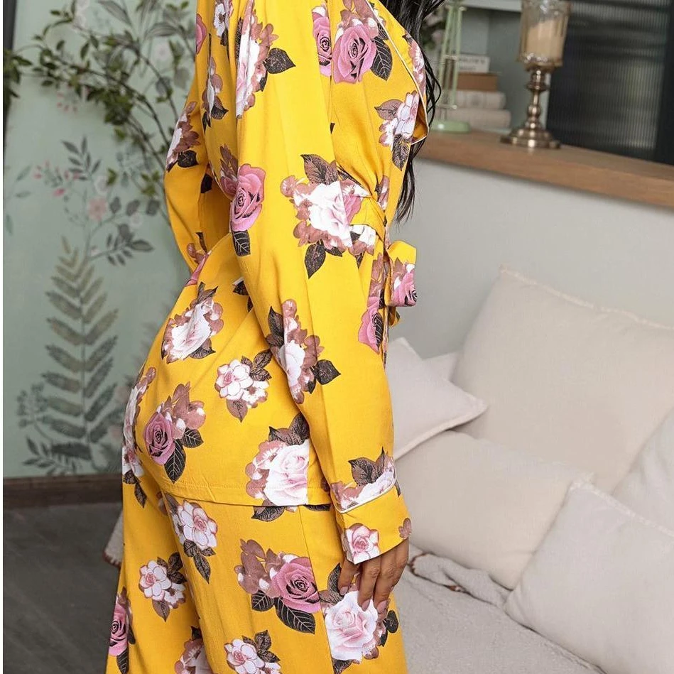 Flower Crop Pajama Sets Yellow Women Mujer Conjuntos Pijamas Conjunto Pyjama Pijama Femme Ensembles Feminino Sleepwear Pyjamas