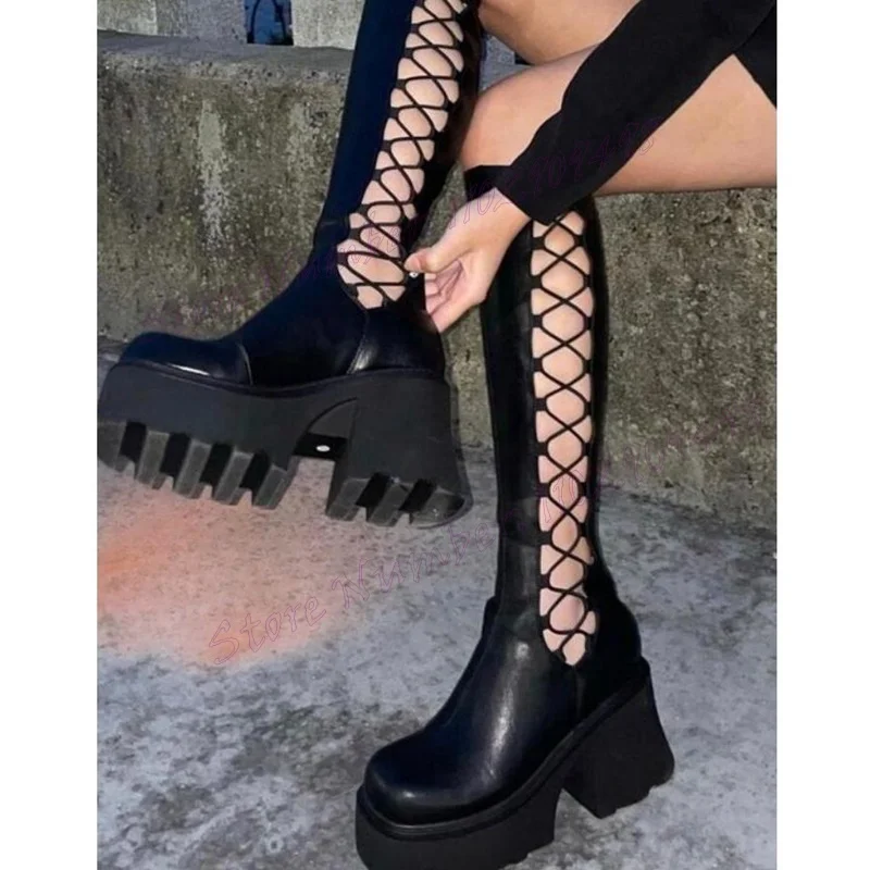 

Black Hollow Out Platform Boots Matte Leather Round Toe Shoes for Women Chunky High Heels Punk Shoes 2024 Zapatos Para Mujere