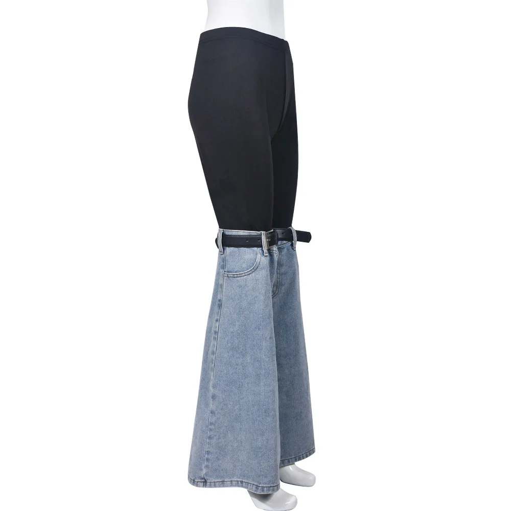 Patchwork Jeans Flare Pants 2023 Fall Winter Women Fashion Elasti High Waist Button Fly Belt Boot Cut Trousers Street Bottoms