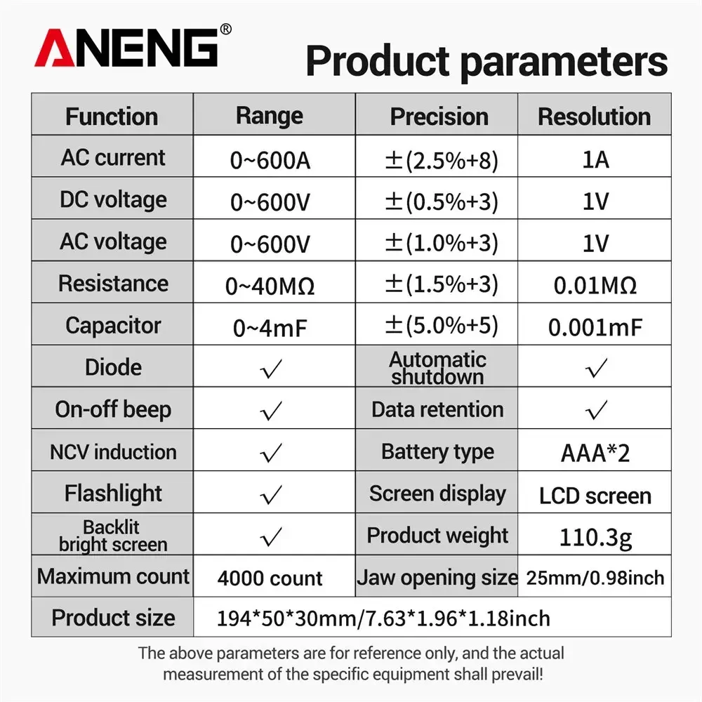 Digital Multimeter ANENG PN107 Clamp Meter Multimeter Digital AC Current Meter 600V AC Voltage True RMS 4000 Count Electrical Capacitance Ohm Test