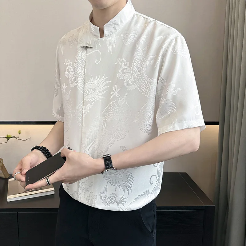 Vintage Harajuku Blouses Men Satin Shirt Dragon Totem Print Streetwear Button Up Short Sleeve Shirts Chinese Style Tops Unisex 2