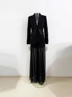 HIGH QUALITY New Fashion 2026 Designer Suit Set Women's Gauze Patchwork Beaded Blazer Chiffon Pants 2cs Set - Image 4