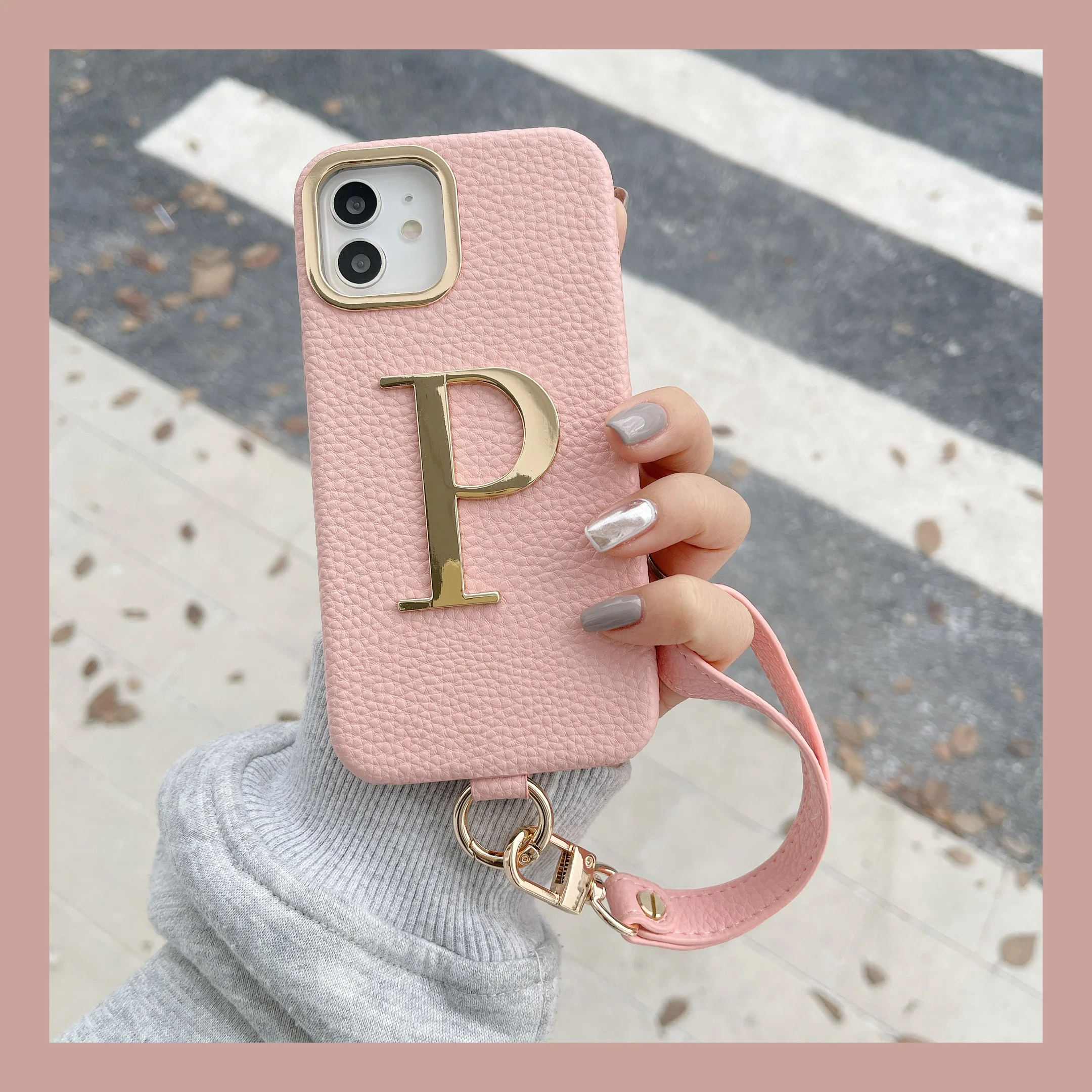 New Female Leather Custom Initial Leather Hand Rope Gold Letters Phone Case For iPhone 15 14 14ProMax 14Plus 13Promax 13 12 11