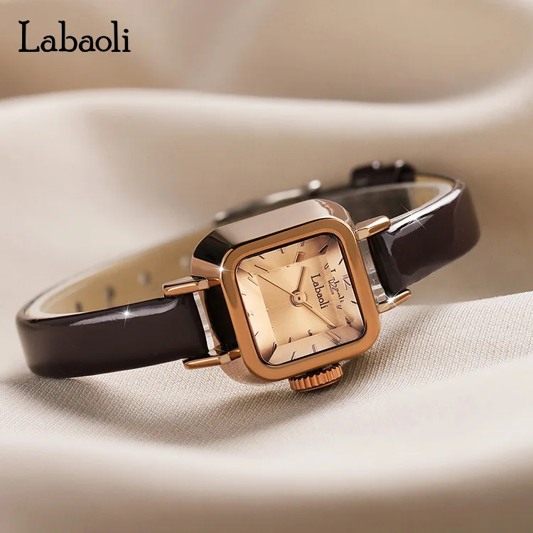 LABAOL Square Classical Women Writst Watches Leather Minimalist Ladies Quartz Watches Rose Gold Small Square Dial Elegant Design