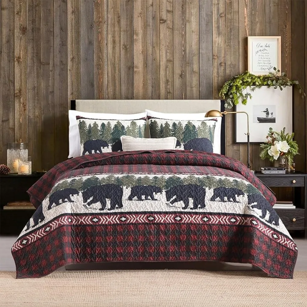 

Quilts King Size 3-Piece Quilt Set Plaid Bear Cotton Bedspread Coverlet Bedding Set Pillowcases for All Seasons,King,106*98 In