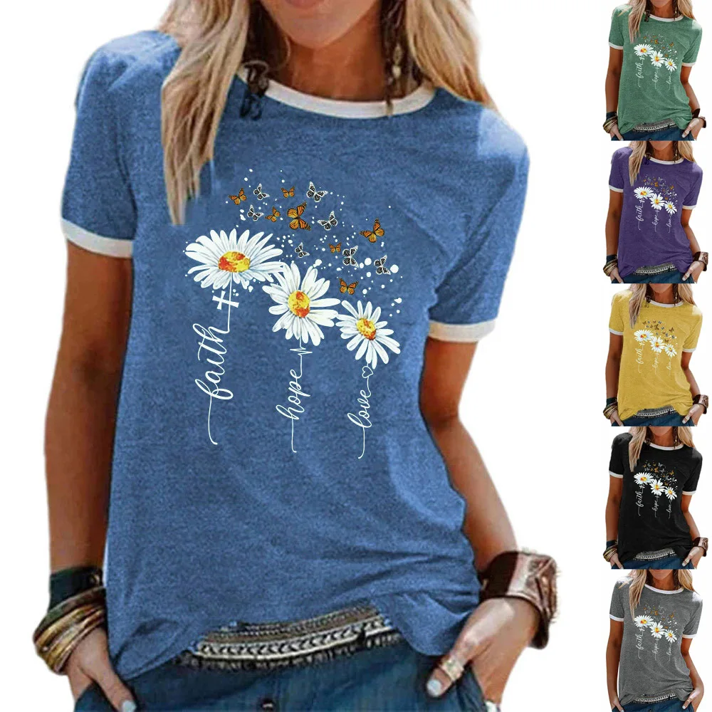 

Summer Fashion Blouse Small Daisy Butterfly Letter Print Round Neck Short-sleeved T-shirt Casual Commuter All-match Top Women