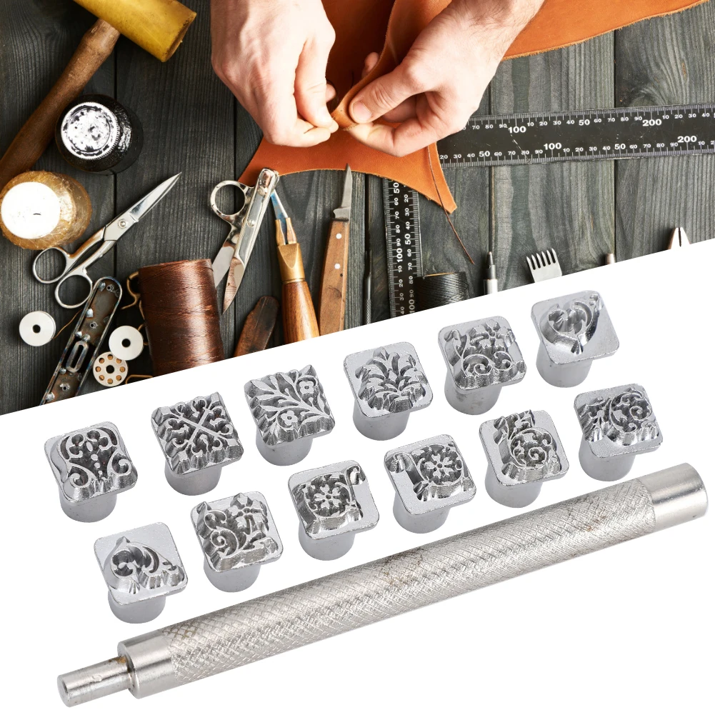 Stamping Punch Tool Tang Flower Design DIY Vegetable Leather Stamper + Handle Zinc Alloy