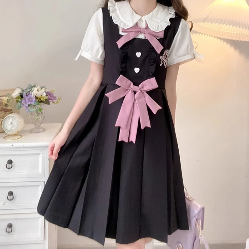 2024 New Japanese Lolita White Short-Sleeved Shirt Dress Suit JK Cute Preppy Style Pink Black Cartoon Two-Piece Sets For Women