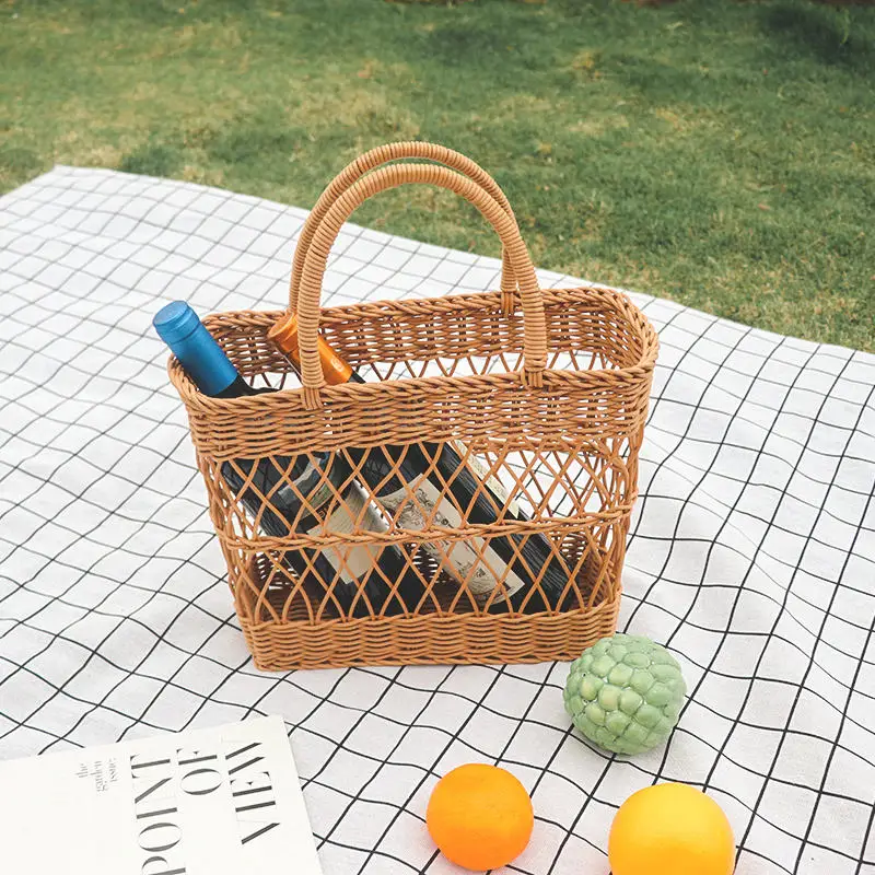 Woven Picnic Basket Large Capacity Fashionable Handmade Shopping Basket Portable Rattan For Camping Picnic BBQ Fishing