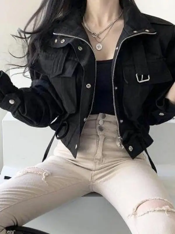 시크한 스트리트 스타일 짧은 작업복 재킷 여성용 지퍼 칼라 더블 포켓 드로스트링 허리 루즈핏 가을 아우터웨어