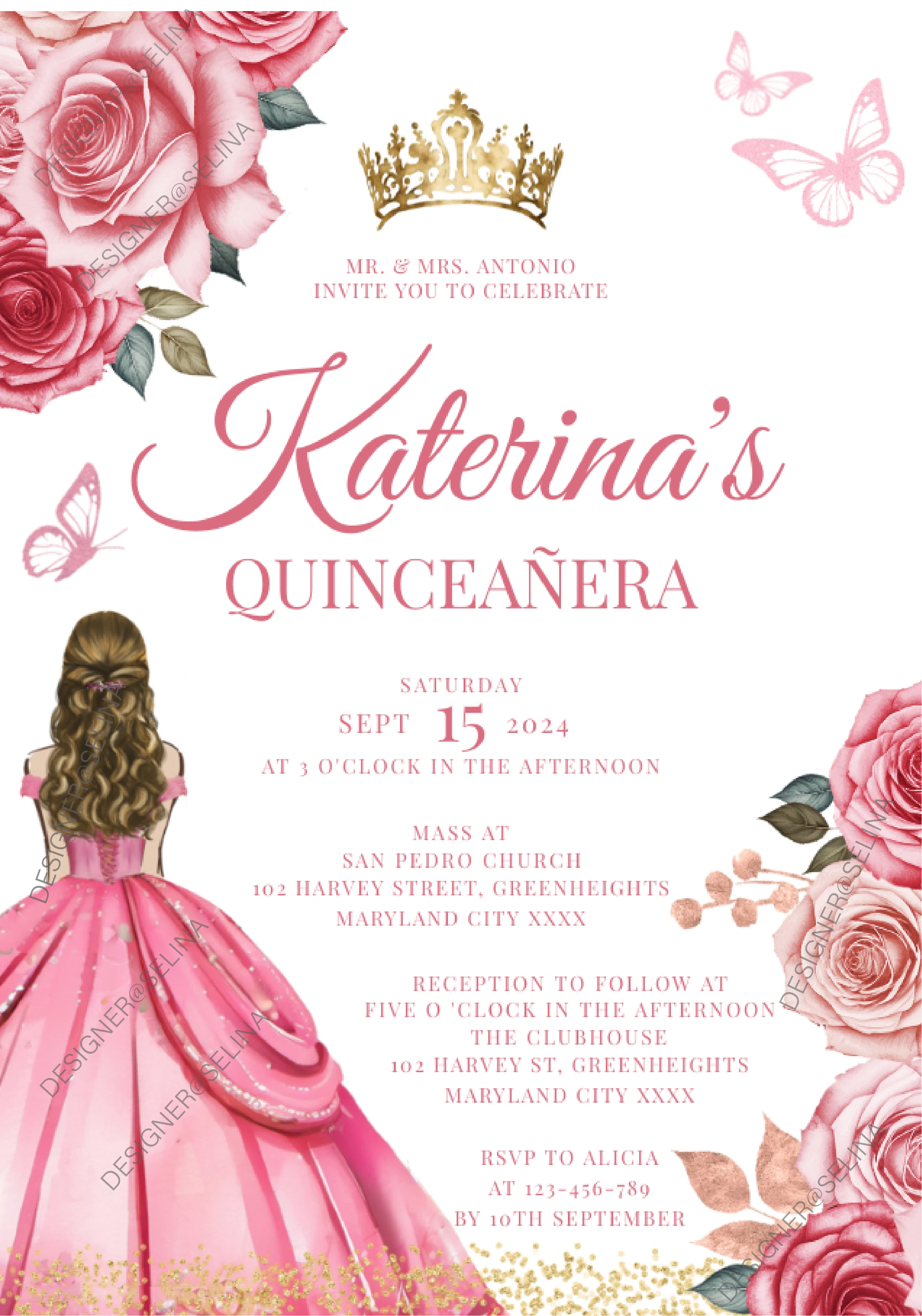 green emerald velvet dress Rose Gold Glitter Quinceañera Sweet 16 Invitation – YoureInvitedPrints main image 1