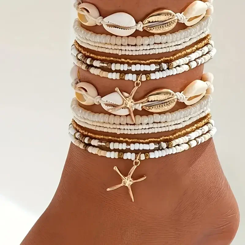 7/14pcs Bohemian Beaded Anklet Set for Women Summer Starfish Shell Charms Multi-Layer Beach Foot Bracelets Daily Wear Jewelry