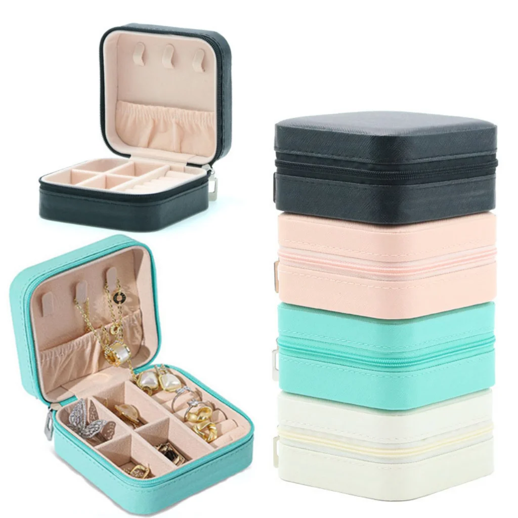 1PC Mini Jewelry Organizer Display Travel Jewelry Zipper Case Boxes Earrings Necklace Ring Portable Box Leather Storage