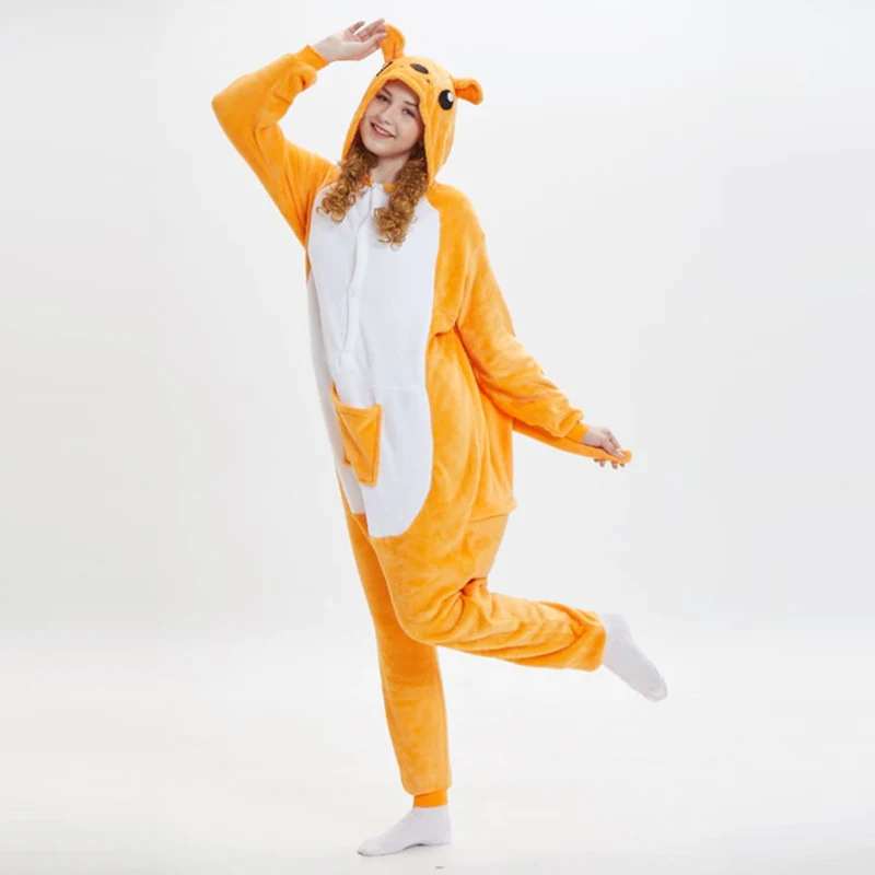 Unisex Adult Kangaroo Pajamas Cosplay Onesies Cartoon Animal Sleepwear Pyjamas Warm Flannel Hooded Christmas Halloween Jumpsuits