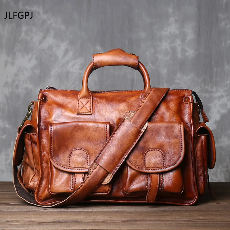JLFGPJ borsa Vintage lucidata a mano pura borsa da uomo in vera pelle con tracolla Casual in pelle di vacchetta conciata alla pianta