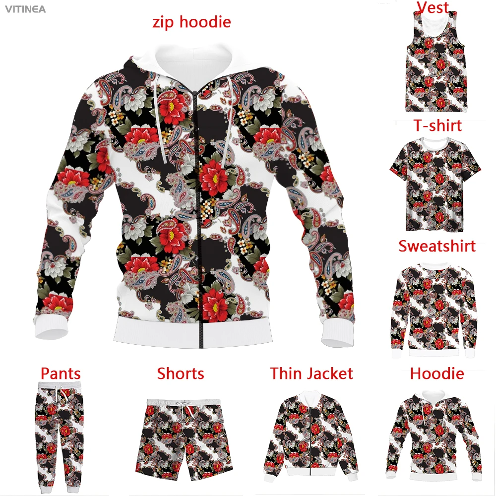 

Vitinea New 3D Print Flower Paisley Pattern T-shirt/Sweatshirt/Zip Hoodies/Thin Jacket/Pants Four Seasons Casual A2444
