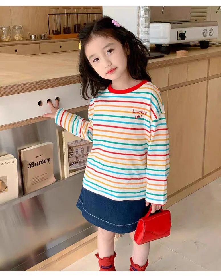 Mädchen Kleidung Bunte Gestreifte Langarm-shirt 2-10Y Kinder Lose Mädchen T-shirt Koreanische kinder Kleidung 2025, Frühling Herbst Top – Detail 4