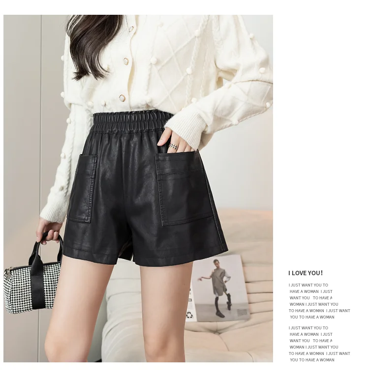 Elastic High Waist PU Leather Shorts Women Black Wide Leg Shorts Ladies Fall Casual Loose Pocket Leather Short Femme 2021 Winter biker shorts