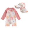 Kids Baby Girls Boys Beach Swimwear Floral/Tropical Tree Print Long Sleeve Zip Up Rompers Swimsuit Bathing Suits with Hat 3