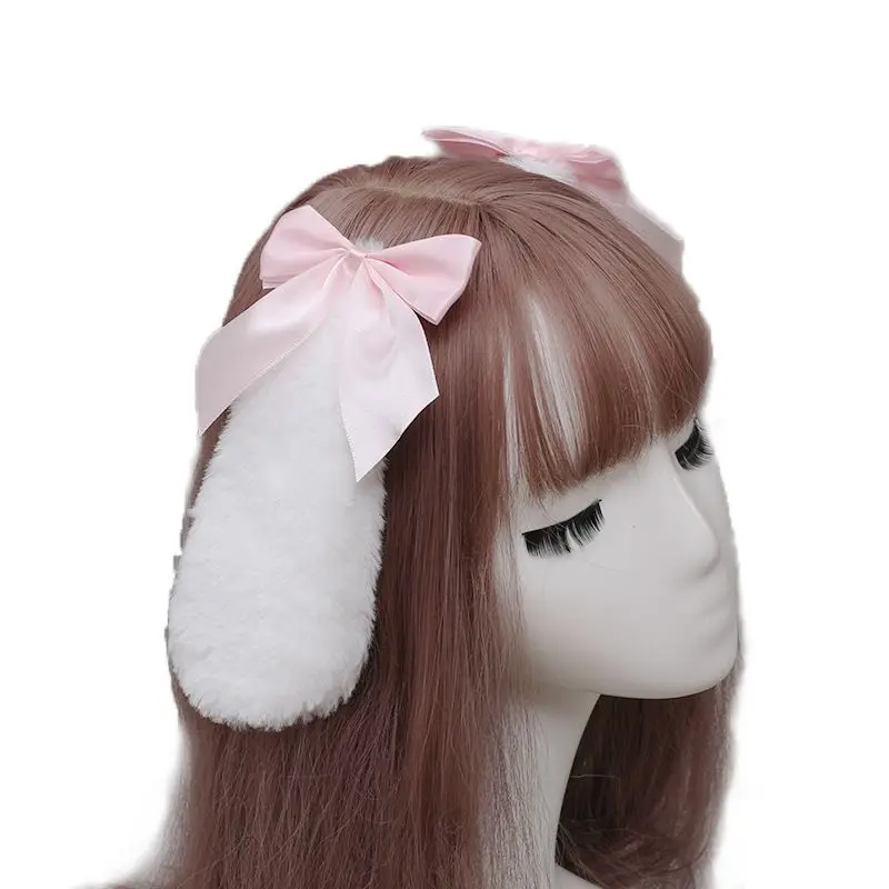 14 Colors Kawaii Women Girls Rabbit Bunny Plush Lop Ears Hair Clips Candy Color Ribbon Bowknot Lolita Cosplay Hair Accessories