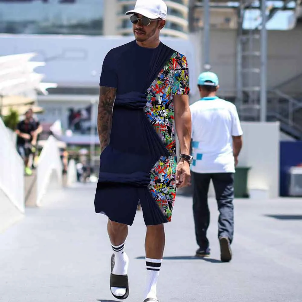 

Fashion Trend Men's Sports Suits Men Casual T-shirt Shorts 2 Pcs Sets Male Hip Hop Streetwear Top Shorts Set