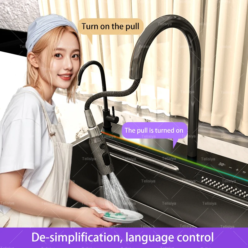 Stainless Steel Waterfall Kitchen Sink AI voice-controlled Large Single Slot Multifunctional Dishwashing Vegetable WashBasin