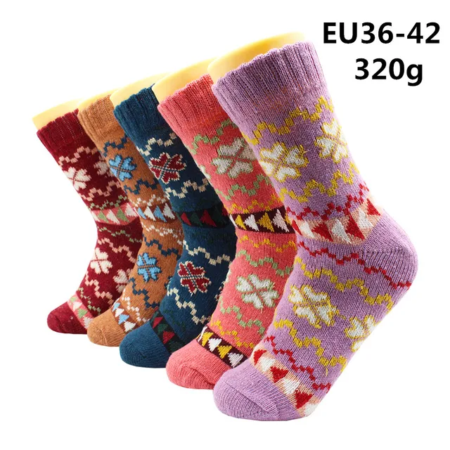 5 Pairs Winter Warmer Women Thicken Thermal Wool Cashmere Snow Socks Fashion Casual Euramerican National Wool Socks for Women 5 Pairs -YM013