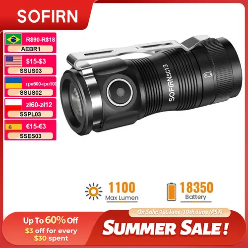 SOFIRN SC13 Tactical Flashlights 1300lm Rechargeable18350 6000K Black Green Keychain 519A/SST40 LED Emergency Mini Torch
