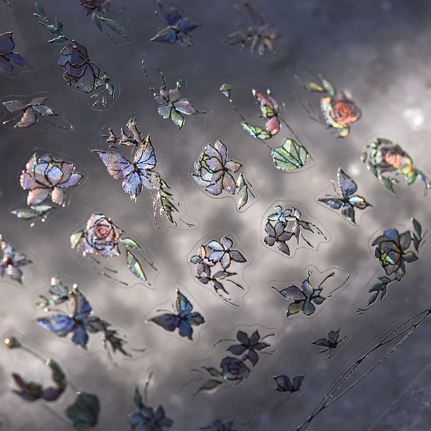 반짝이는 연꽃 다채로운 나비 레트로 중국 스타일 크레인 선풍기 대나무 릴리프 셀프 접착 네일 아트 스티커, 매니큐어 데칼