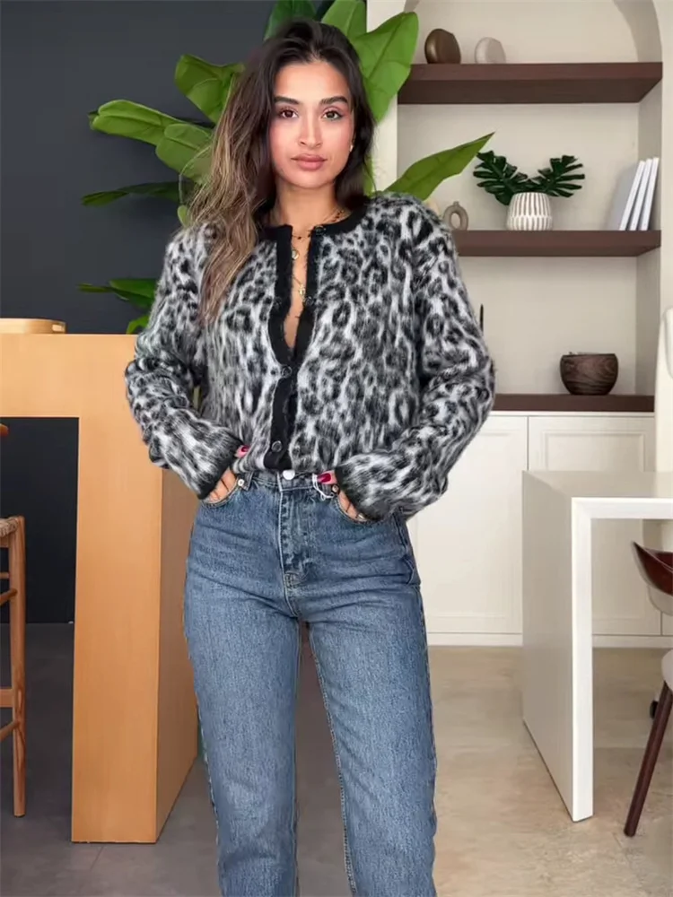 Suéter tipo cárdigan de leopardo para mujer, con estampado de moda en contraste, holgado, de manga larga, para ir al trabajo, cárdigan de otoño para mujer