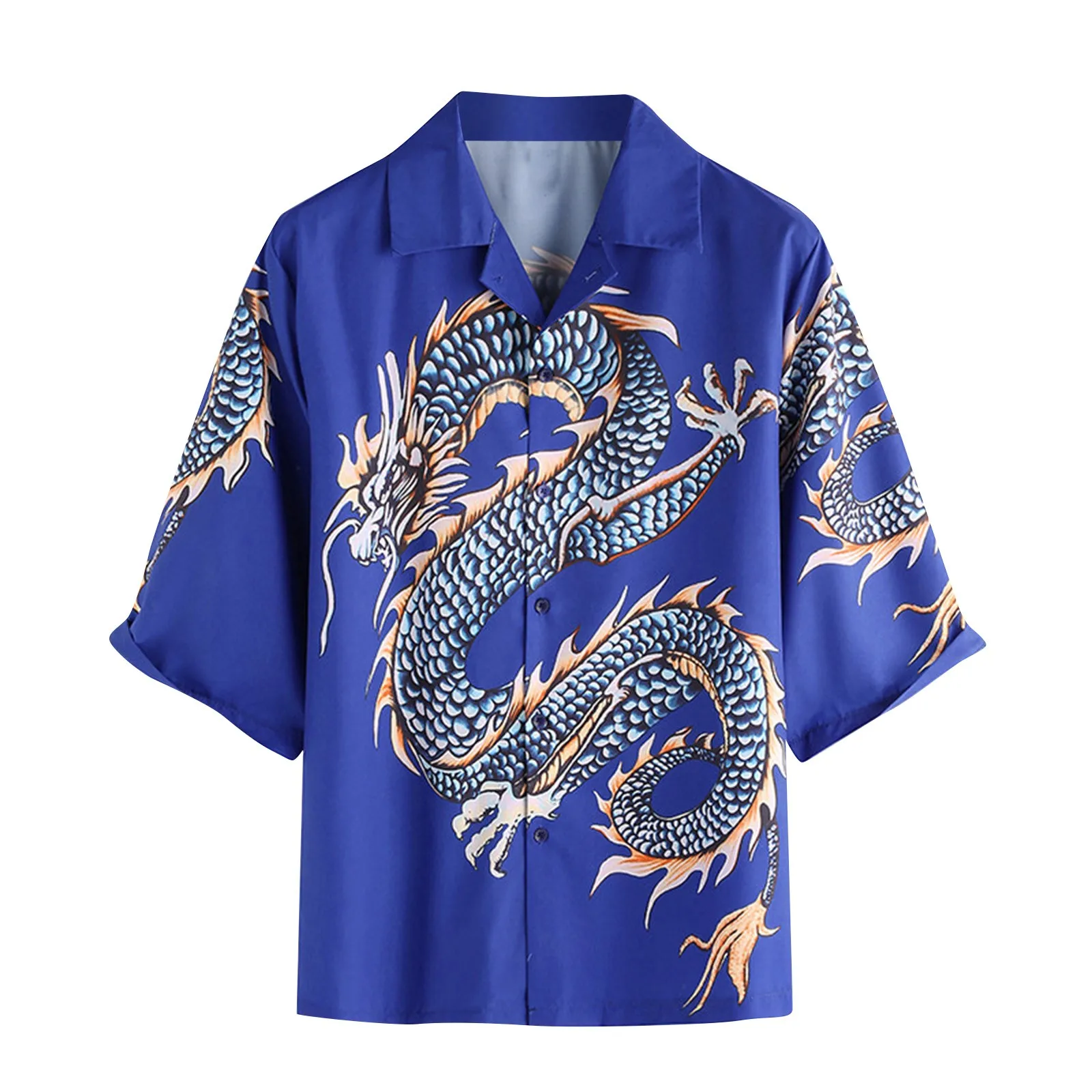 

Vintage Shirt For Men Casual Chinese Dragon Print Design Lapel Short Sleeve Shirt Beach Vacation Shirts Vintage Clothes Cardigan