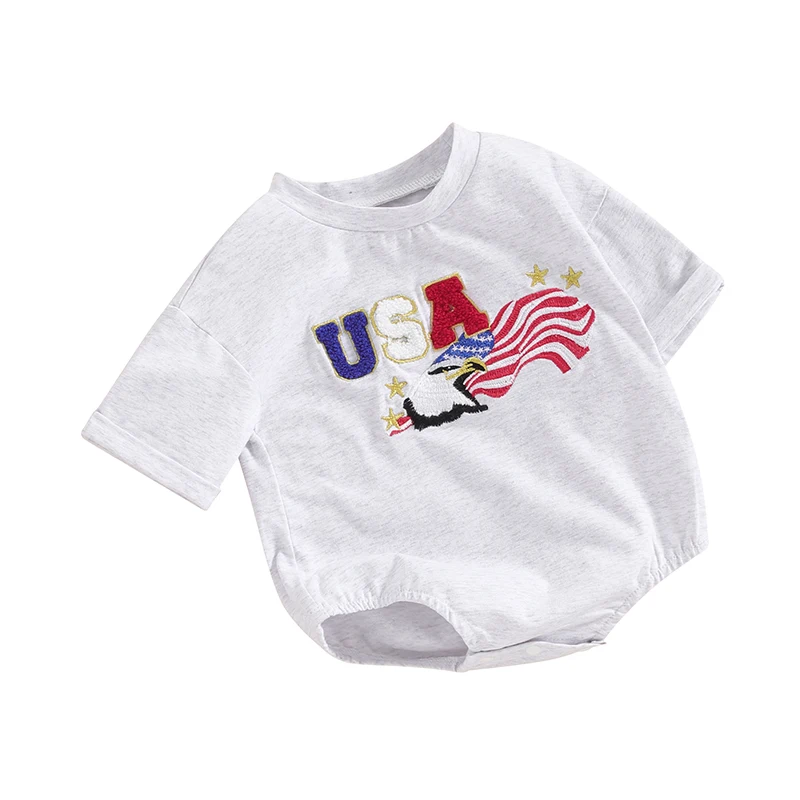 

4th of July Baby Boy Girl Outfit Short Sleeve USA Embroidery Bubble Romper American Flag T-shirt Bodysuit