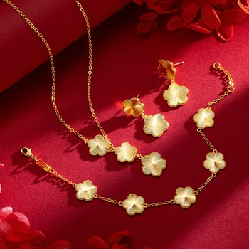Women 24K Real Gold Light Luxury Super Flash Plum Blossom Set Fashionable Female Plum Blossom Bracelet Necklace Earring Set