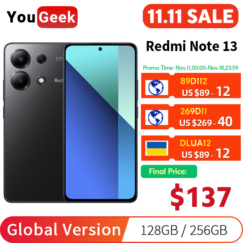 Global Version Xiaomi Redmi Note 13 4G Smartphone 108MP Triple Camera 120Hz AMOLED 33W Fast Charging Snapdragon 685 Octa Core